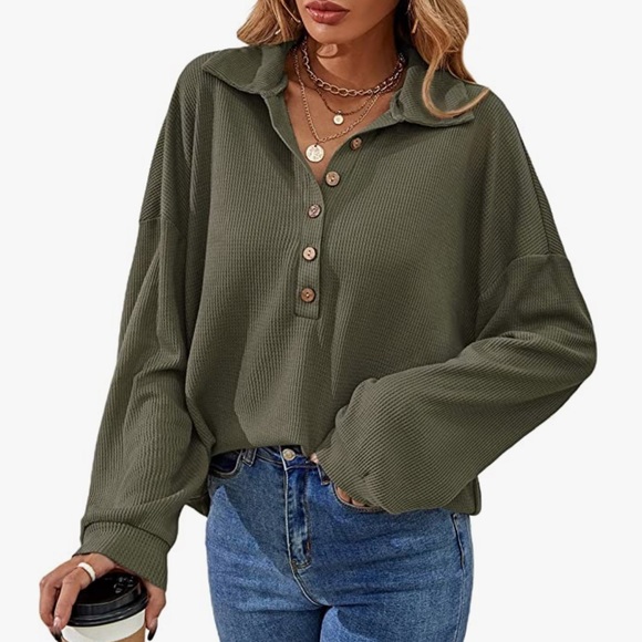 Amazon Tops - Women's Waffle Knit Long Sleeve Casual Blouses Tops LARGE